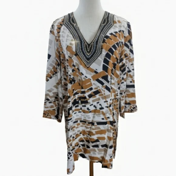 Dennis Basso Women's Size Small Abstract V-Neck Tunic in Black, Brown, and White - Picture 3 of 12